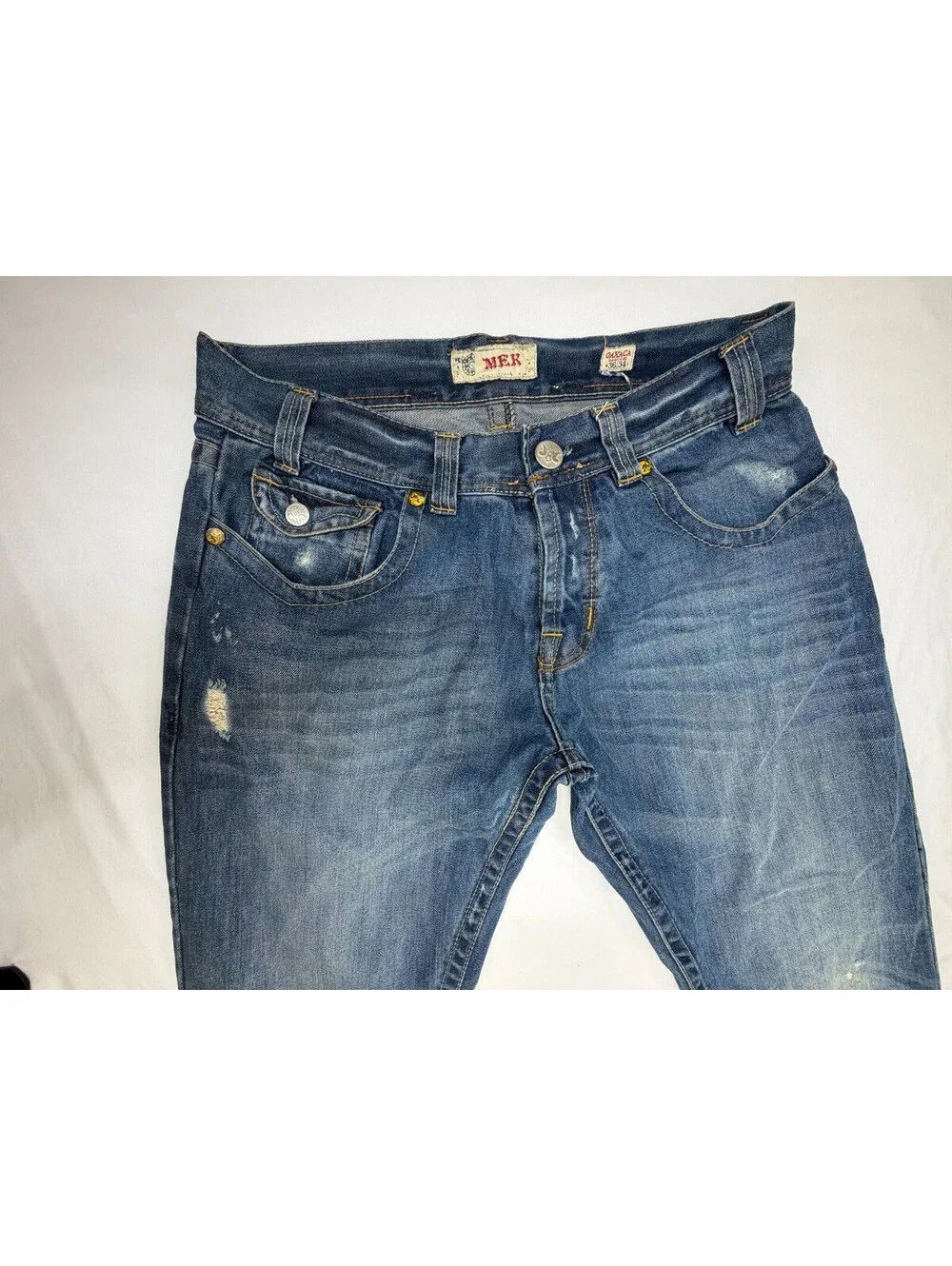 MEK DNM Men's Jeans Oaxaca Denim Bootcut Distressed Mid Rise Solid Size 36 Blue